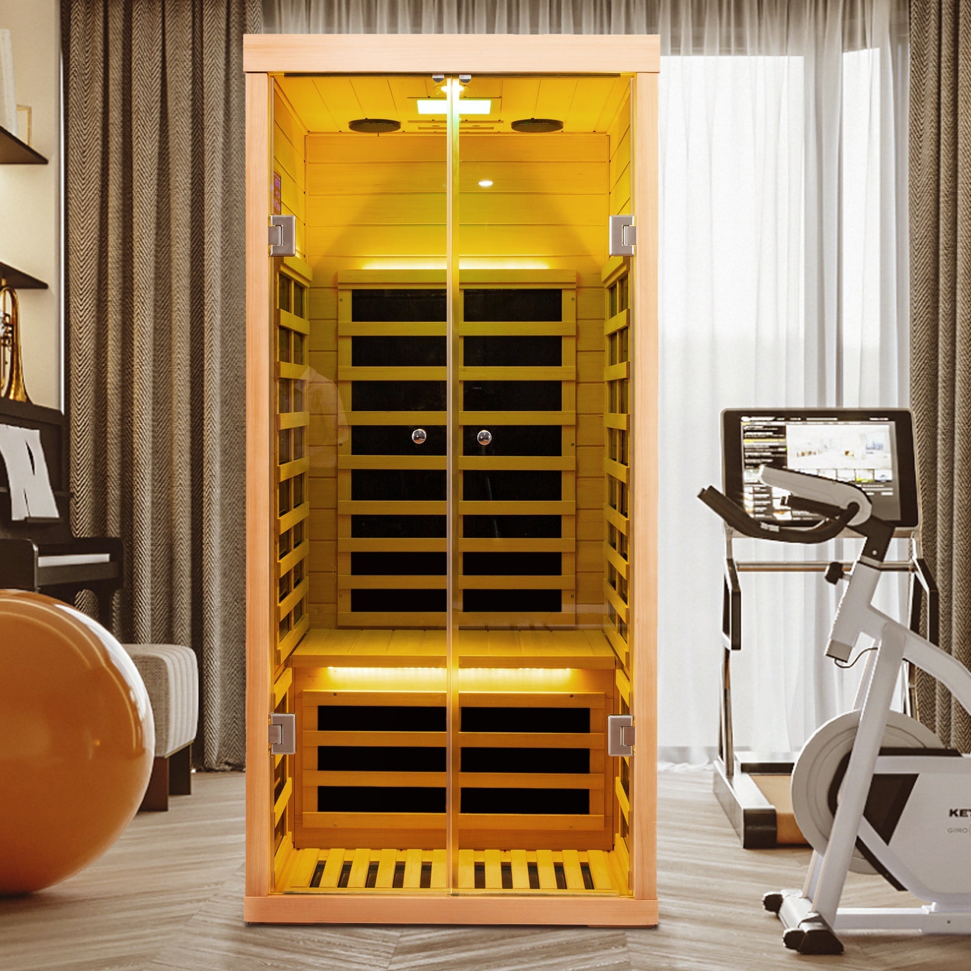 Luxury 1-Person Low EMF Far Infrared Sauna – Hemlock Wood with Glass Double Doors