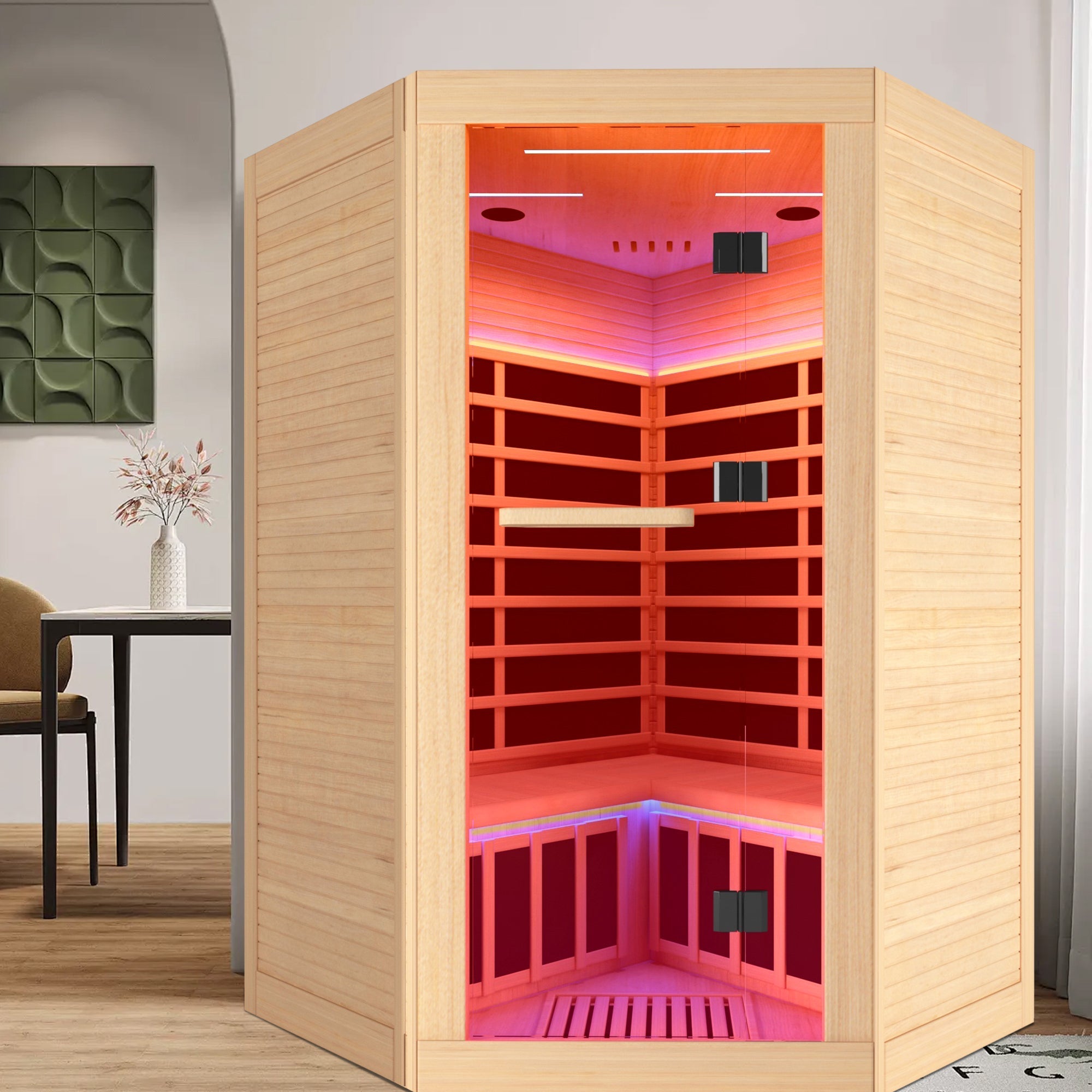2-Person Corner Infrared Sauna – Canadian Hemlock with Bluetooth Speakers