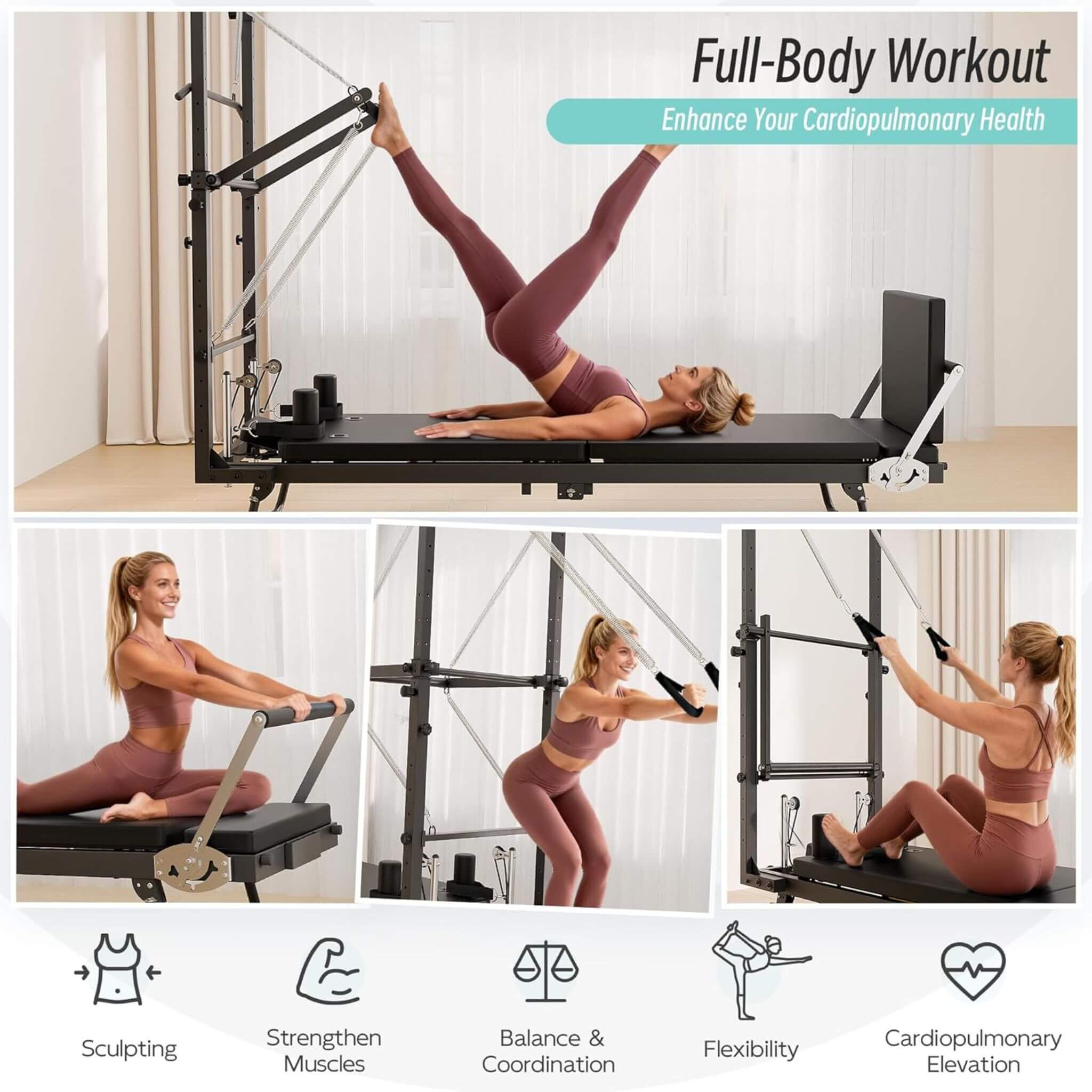 Core Pilates Foldable Dual Resistance Pilates Reformer Machine with Tower