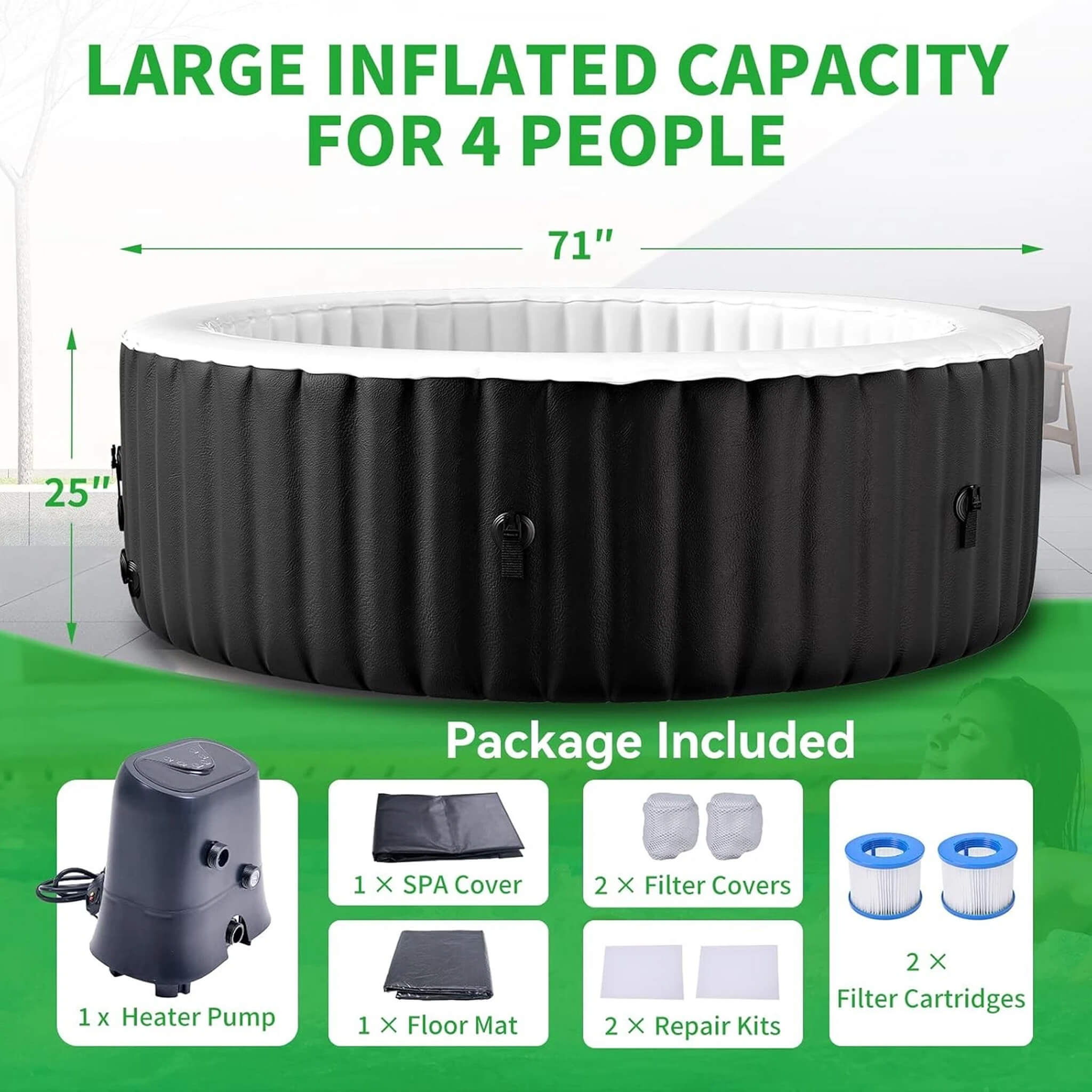 Premium Large 4-Person Inflatable Hot Tub Kit with 8-Color LED Lights (SAK20759)